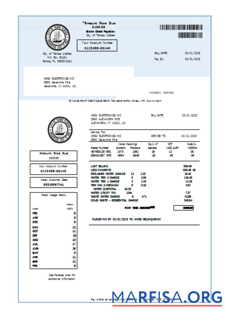 Blank Florida water utility business bill, SCR example